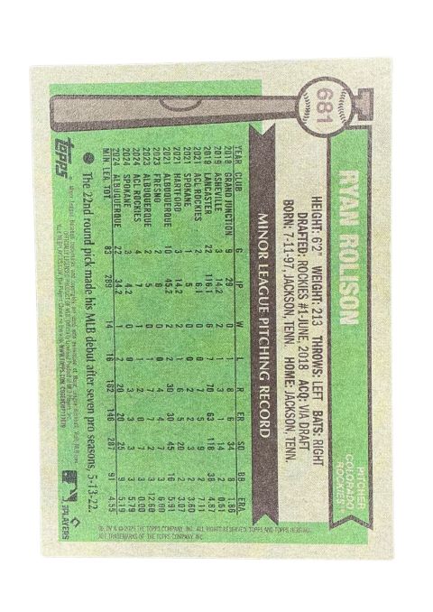 2025 Topps Heritage Ryan Rolison RC #681 Back