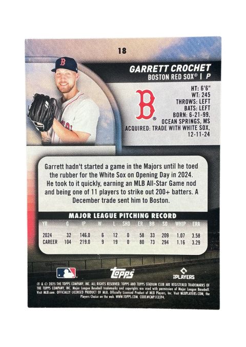 2025 Topps Stadium Club Baseball Garrett Crochet #18 Back