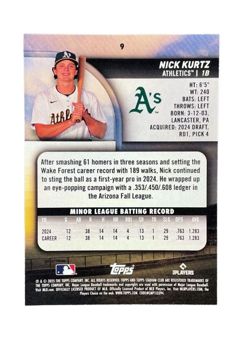 2025 Topps Stadium Club Baseball Nick Kurtz RC #9 Back