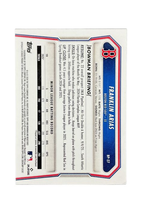 2026 Topps Bowman Baseball Franklin Arias #BP-27 Back
