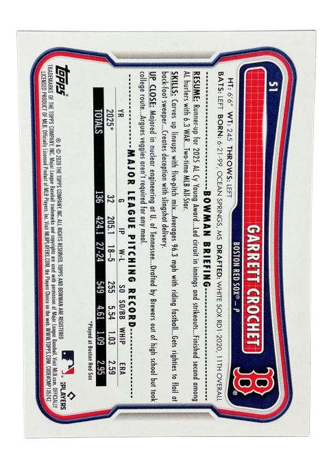 2026 Topps Bowman Baseball Garrett Crochet #51 Back