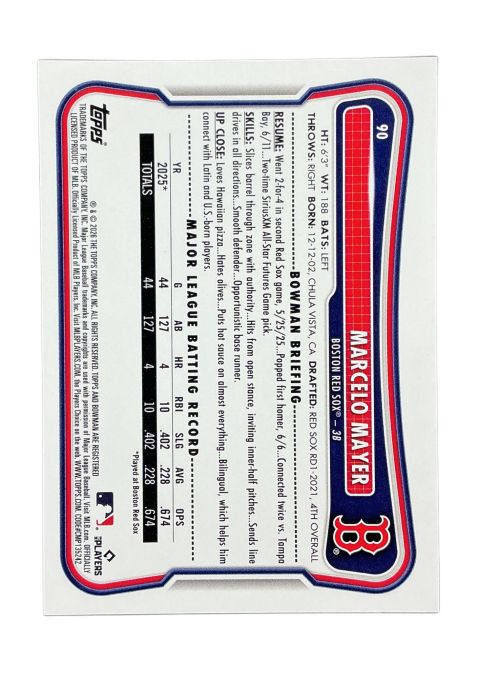 2026 Topps Bowman Baseball Marcelo Mayer #90 Back